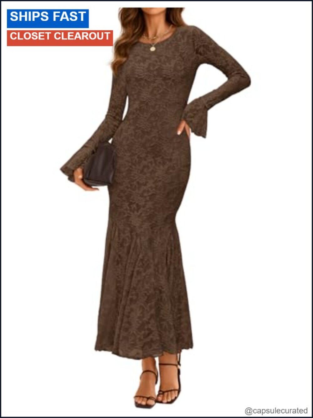 Women's Long Sleeve Floral Lace Bodycon Mermaid Maxi Dress Wedding Guest